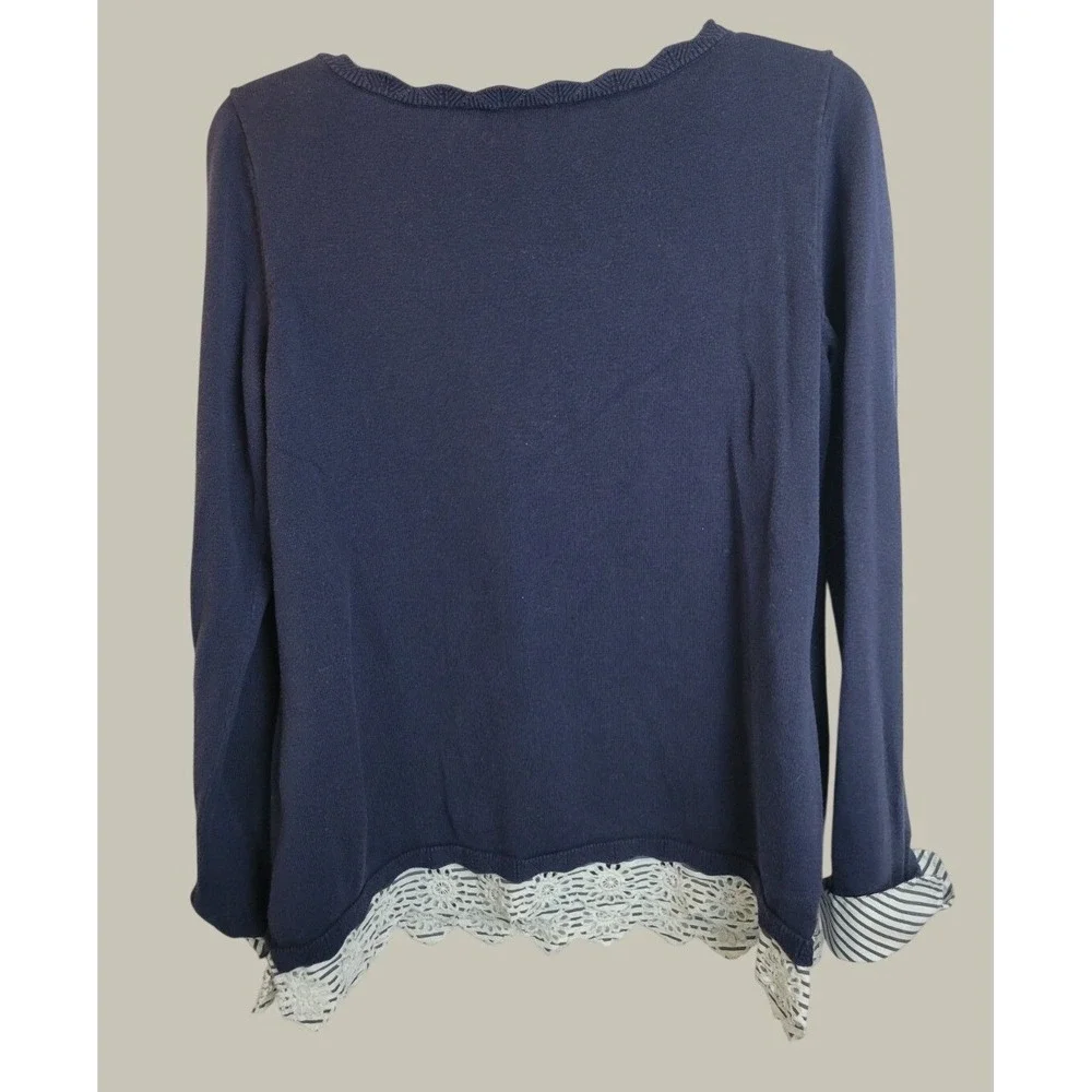 White House Black Market Sweater Lace Hem Striped Cuff Knit Pullover Navy Blue L